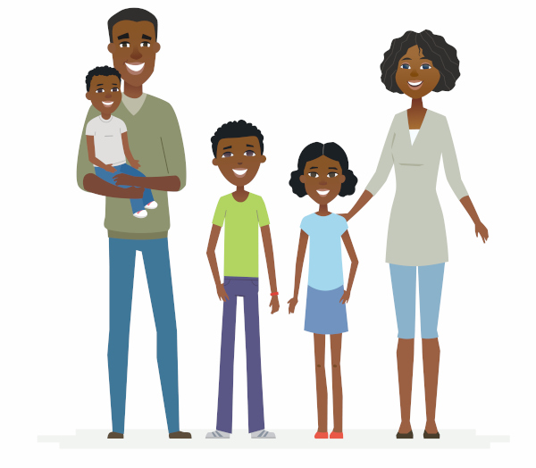 Ilustração de uma família com pai, mãe e três filhos.