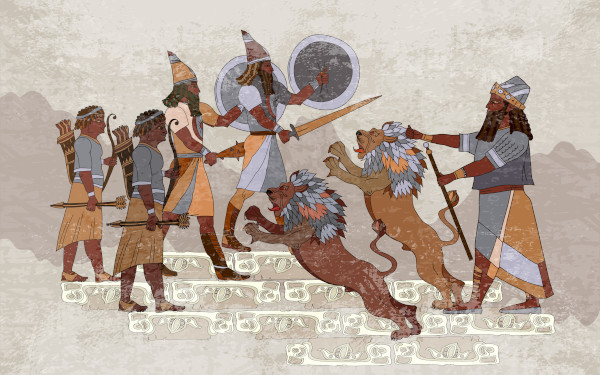 Ilustração representando o rei acádio, guerreiros e leões em combate.