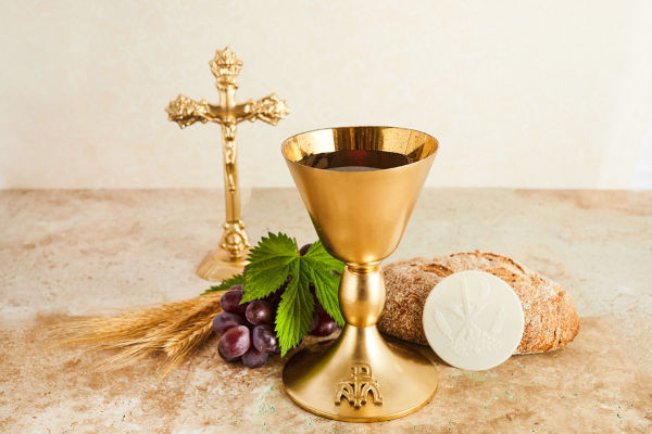 Crucifixo, cálice de vinho, uvas, trigo, pão e trigo, elementos ligados à Eucaristia e, consequentemente, ao Corpus Christi.