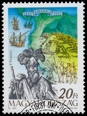 Selo húngaro em homenagem a Francisco Pizarro, considerado o conquistador dos Incas *